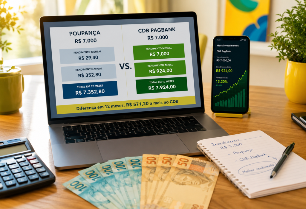 R$ 7 mil na poupança ou no CDB do PagBank veja quanto rende