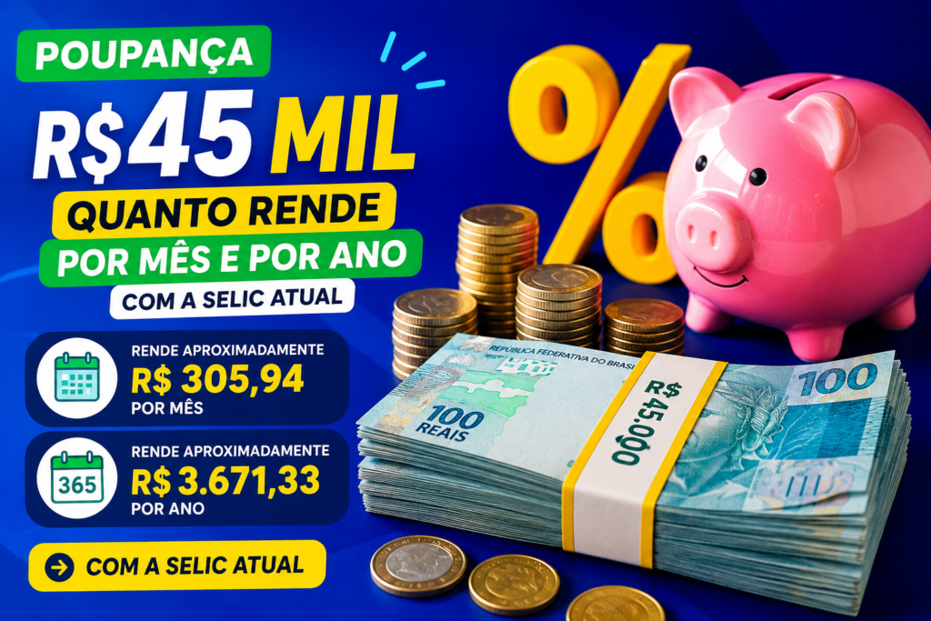 Quanto rende R$ 45 mil na poupança por mês e por ano com a Selic atual