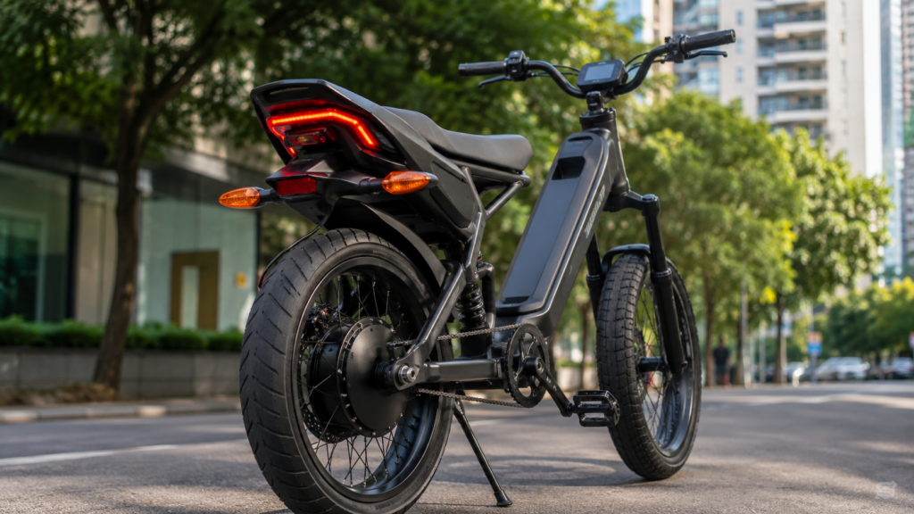 Bicicleta elétrica ganha traseira de moto 160, setas e lanterna em customização que chama atenção